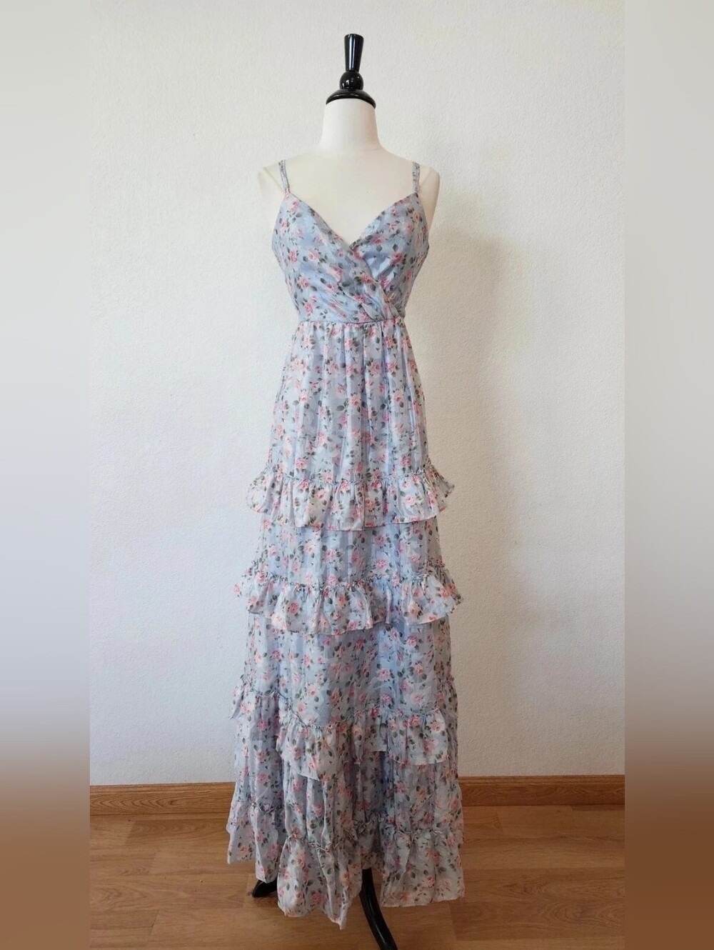 Light Blue Floral Tiered Maxi Dress